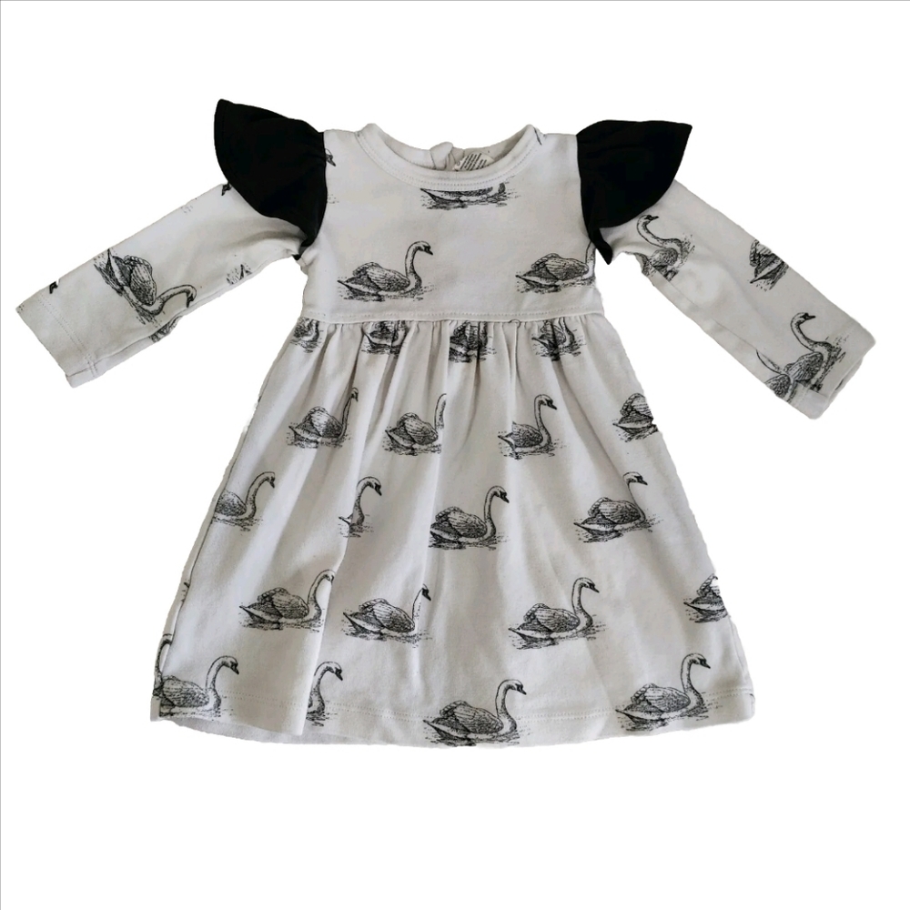 Kate Quinn Flutter Sleeve Dress 18-24 Months Long Sleeve Black Swan Print Organi